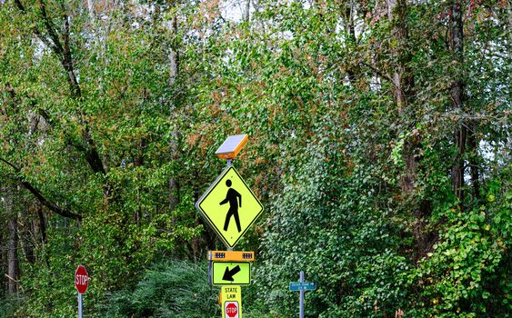 Solar Pedestrian Crosswalk Sign on a Rural Fitness Trail