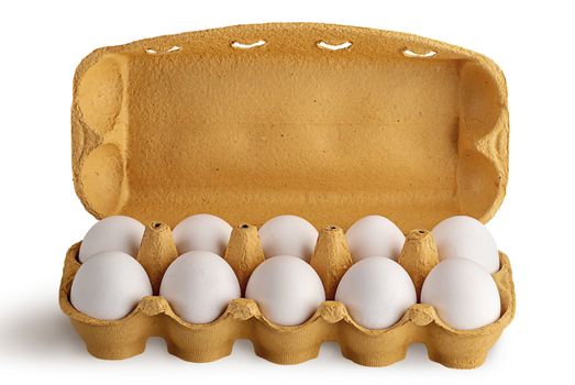 Open tray with ten white eggs isolated on white background front view