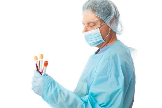 Nurse in hospital or laboratory pathologist holding blood collection tubes from a patient for diagnosis and analysis