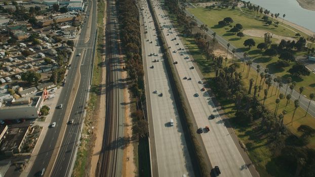 Aerial Flying over Freeway in California. Highway aerial View.