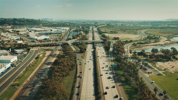 Aerial Flying over Freeway in California. Highway aerial View.