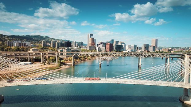 Aerial Portland Oregon Bridge. Aerial View For Bridge With Sky and City View.