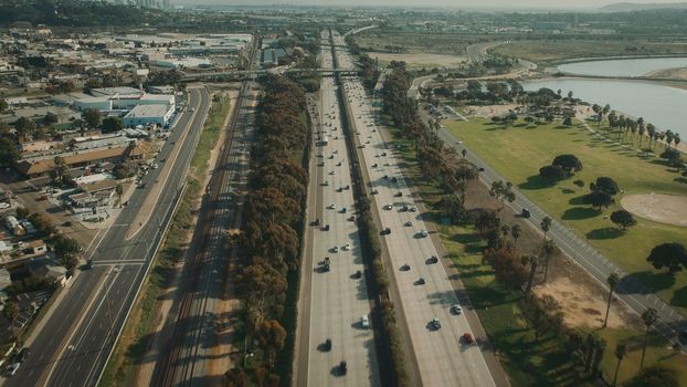 Aerial Flying over Freeway in California. Highway aerial View.