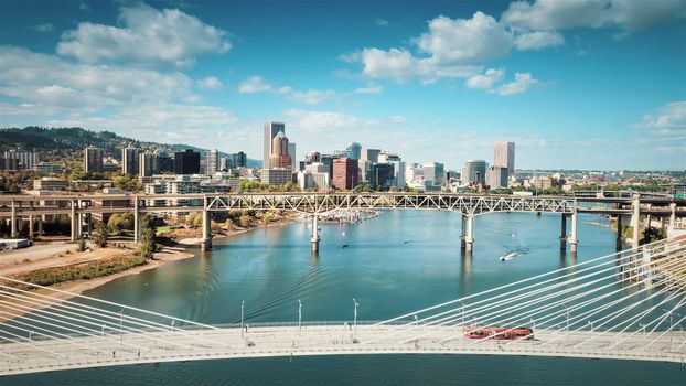 Aerial Portland Oregon Bridge. Aerial View For Bridge With Sky and City View.