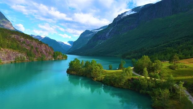 Beautiful Nature Norway natural landscape. Aerial footage lovatnet lake