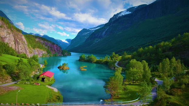 Beautiful Nature Norway natural landscape. Aerial footage lovatnet lake