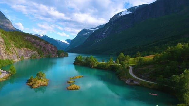 Beautiful Nature Norway natural landscape. Aerial footage lovatnet lake