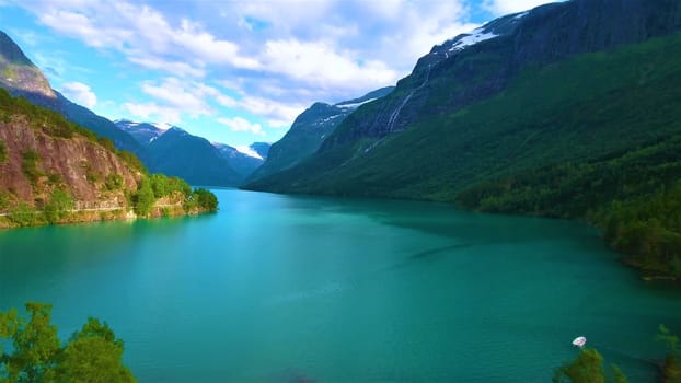 Beautiful Nature Norway natural landscape. Aerial footage lovatnet lake