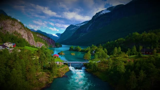 Beautiful Nature Norway natural landscape. Aerial footage lovatnet lake