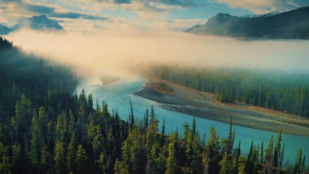 Jasper National Park. River, Trees, sky clouds, mountain in image.