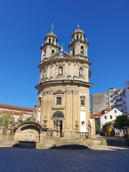 Pilgrims church and Pontevedra city square against blue sky, Spain