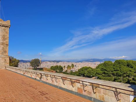 Ancient walls of Montjuic Castle and Barcelona panorama
