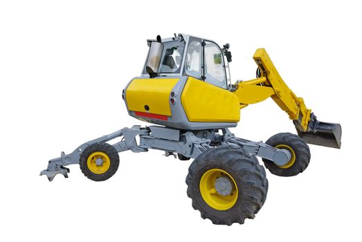 Yellow excavator wit rotating cabin over white