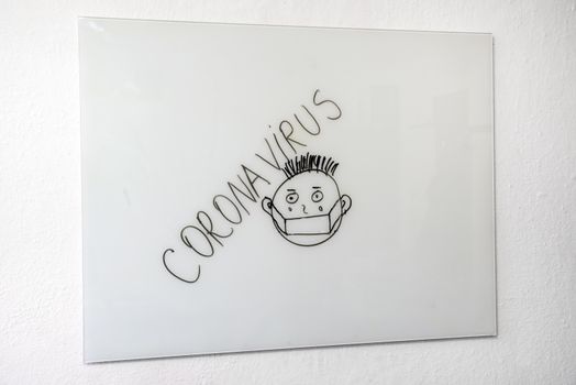 Coronavirus and scarry face on white board
