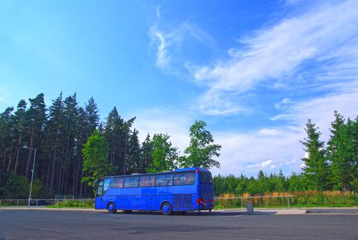 Touristic bus in highway parking near forest