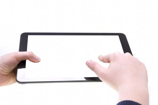 Boy finger touching the white screen of tablet
