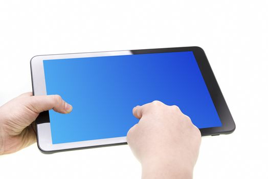 Boy hands holding a tablet over a white background