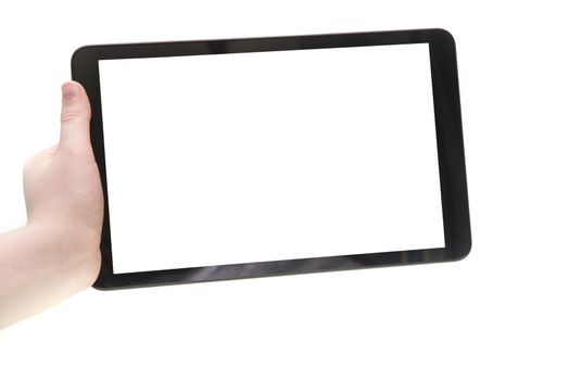 Boy hand holding tablet over white background