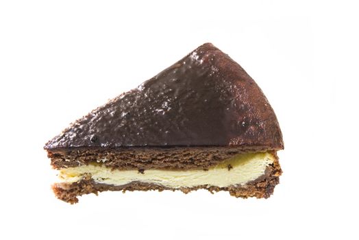 Tasty chocolate and cheese cake sliced isolated over white