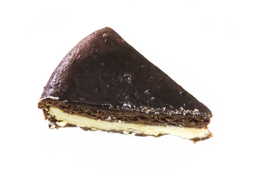 Slice of chocolate and cheese cake isolated