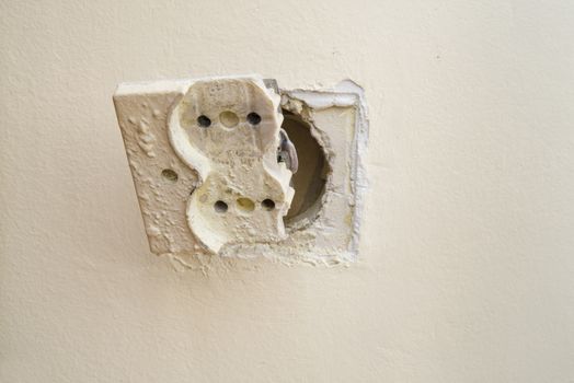 Old and damaged european power socket on the wall.