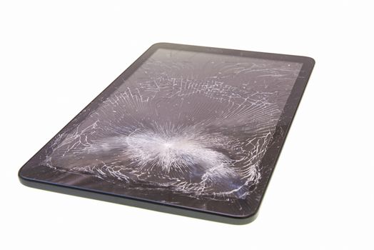 Tablet with broken screen glass isolated over white