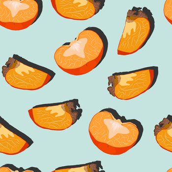 Persimmon slices with shadow pop art seamless pattern on a turquoise background. Juicy fruit endless pattern vector illustration, design for wallpapers, fabrics, textiles, packaging.