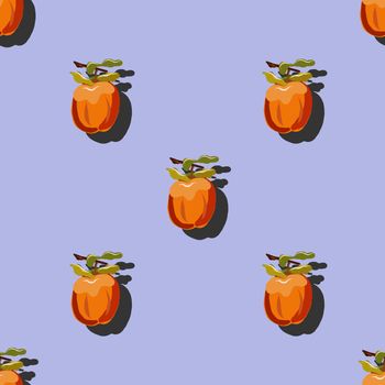 Persimmon with shadow pop art seamless pattern on a lilac background. Juicy fruit endless pattern vector illustration, design for wallpapers, fabrics, textiles, packaging.