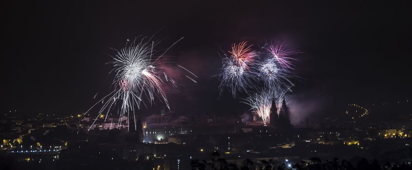 Fireworks in Santiago de Compostela, Spain, on July 25th, the day of the Apostle Saint James, patron saint of Galicia