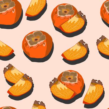 Persimmon whole and slices with shadow pop art seamless pattern on a pink background. Juicy fruit endless pattern vector illustration, design for wallpapers, fabrics, textiles, packaging.