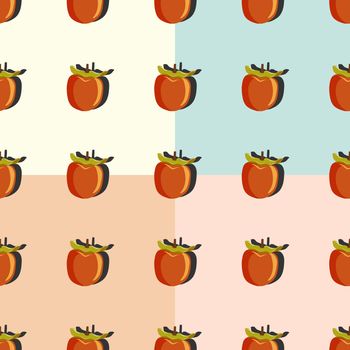 Sharon fruit top view with shadow pop art seamless pattern on pink, orange, beige, turquoise background. Persimmon endless pattern design for wallpapers, fabrics, textiles, packaging.