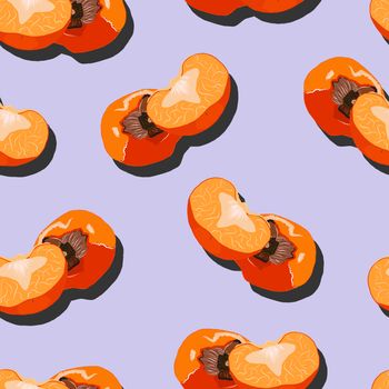 Sharon fruit whole and sliced top view with shadow pop art seamless pattern on a lilac background. Persimmon endless pattern vector illustration, design for wallpapers, fabrics, textiles, packaging.