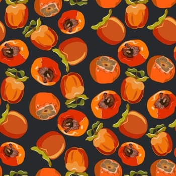 Persimmon whole seamless pattern on a blacck background. Sharon fruit endless pattern vector illustration, design for wallpapers, fabrics, textiles, packaging.