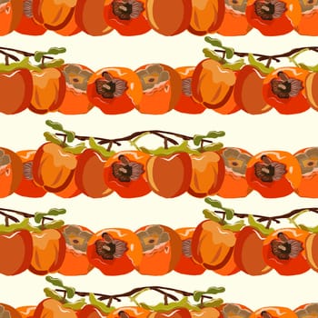 Persimmon branches seamless pattern on a beige background. Sharon fruit endless pattern vector illustration, design for wallpapers, fabrics, textiles, packaging.