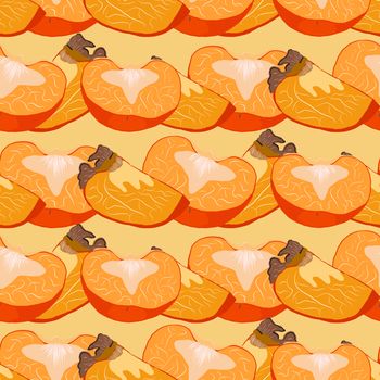 Persimmon whole and cut seamless pattern on a yellow background. Juicy fruit endless pattern vector illustration, design for wallpapers, fabrics, textiles, packaging.