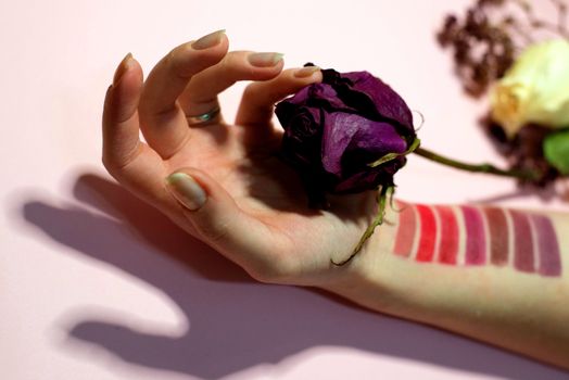 Lipstick color palette on a woman's hand