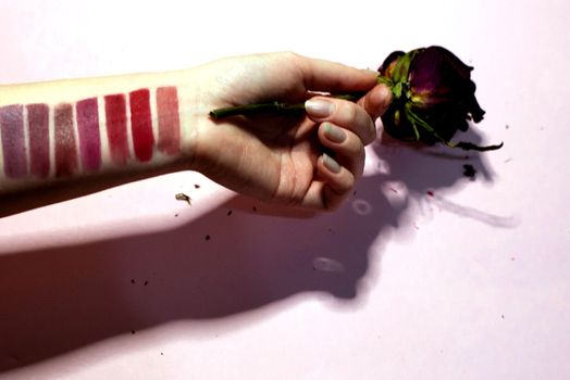 Lipstick color palette on a woman's hand