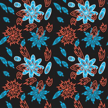 Magic seamless pattern with abstract flowers and feathers.