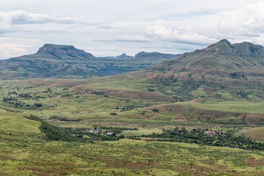 View from the Mudslide hiking trail. The Tugela River, reception office, trout pools, ruins of the hotel and the Bonjaneni township are visible