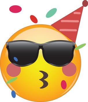 Cool party emoji celebrating birthday! Yellow face emoticon wearing shades and a party hat, kissing lips or whistling as confetti floats around its head. Expression of celebration, fun, awesome.