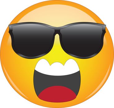 Cool emoji screaming in anger. Yellow face emoticon wearing sunglasses and screaming in anger with wide open mouth showing upper teeth. Expression of anger, fear, rage.
