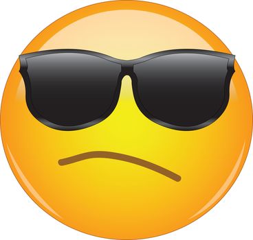 Awesome snobbish and arrogant emoji wearing sunglasses. Yellow face emoticon wearing shades and having small, intent frown as a sign of arrogance and being full of oneself.