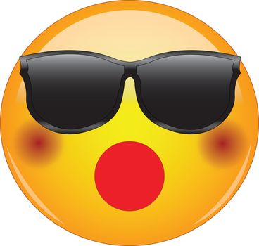 Awesome shocked emoji in sunglasses. Cool yellow face emoticon wearing shades and having blushing cheeks and mouth wide open, as if surprised or shocked. Expression of shock, surprise, disbelief.