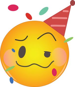 Party emoji celebrating birthday in a red hat and confetti flying around! Yellow face with a red party hat, crumpled mouth, one eye half-closed, blushing cheeks as if being drunk or tipsy.