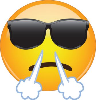 Cool angry emoji face. Yellow face wearing sunglasses with a frowning mouth steam coming out of its nose as a sign of frustration and anger.