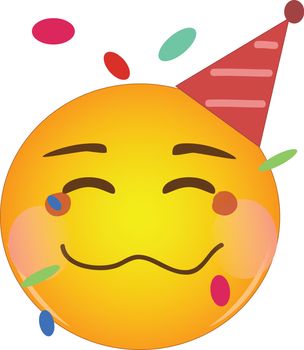 Happy drunk emoji at party. Partying yellow drunk face emoticon with a crumpled mouth, blushing cheeks, wearing a party hat and having confetti floats around its head. Having fun, good time partying.