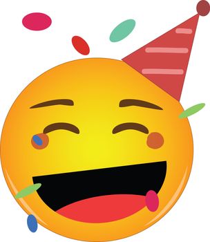 Happy party emoji celebrating birthday in a red hat and confetti flying around! Yellow face with a red party hat, broad smile as if laughing and confetti floats around its head. Happiness and carefree