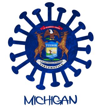 State flag of Michigan with corona virus or bacteria - Isolated on white