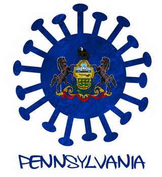 State flag of Pennsylvania with corona virus or bacteria - Isolated on white