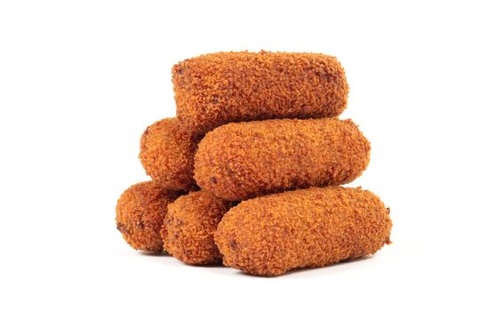 Brown crusty dutch kroketten isolated on a white background